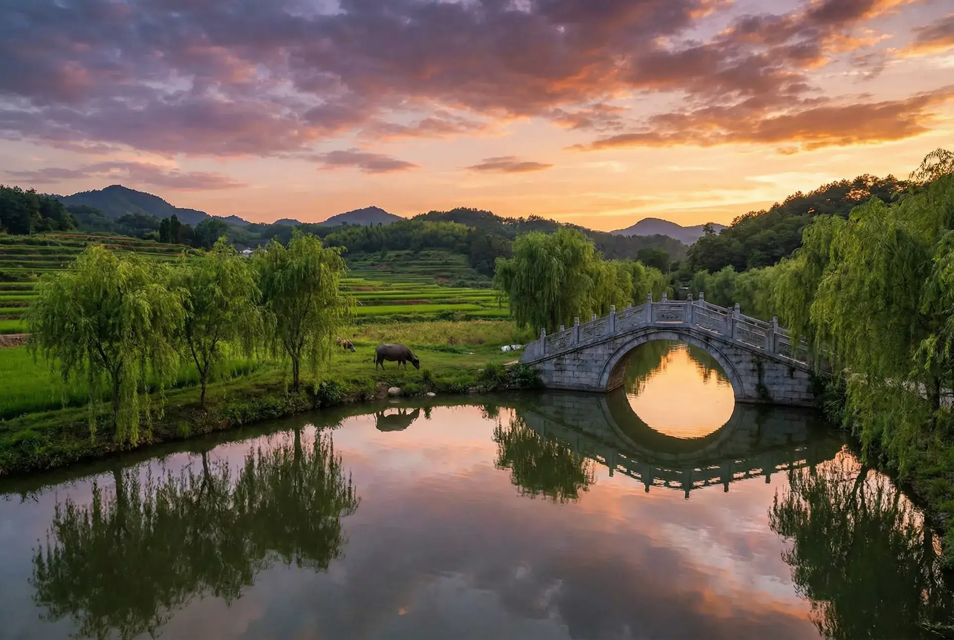 夕阳下的石拱桥与垂柳，水牛在河边吃草 - 100种禁用的视频软件免费大全 乡村美景